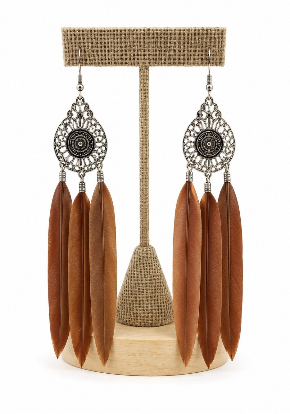 Boho Brown Feather Dangle Earrings with Ornate Silver Caps, NWOT